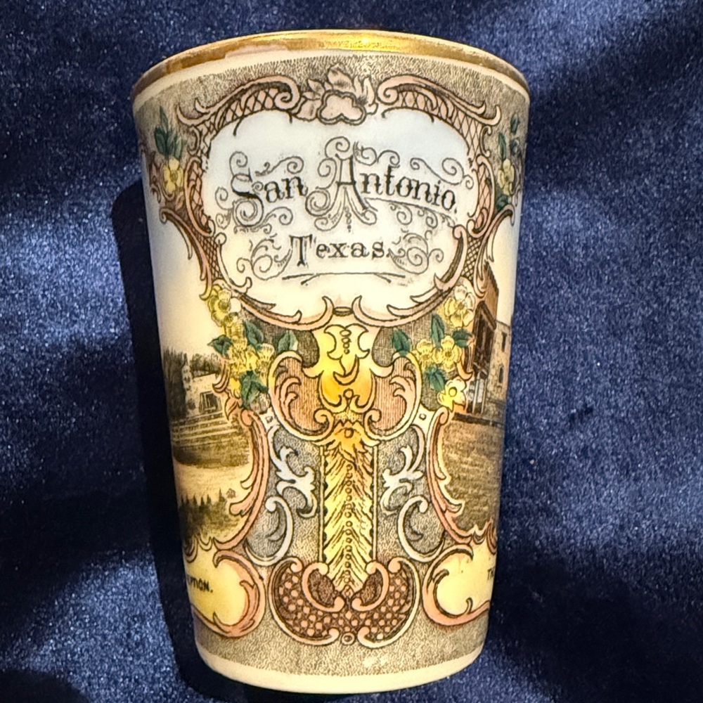 German San Antonio Texas Souvenir Cup Alamo, S. F. Cathedral, Mission Conception